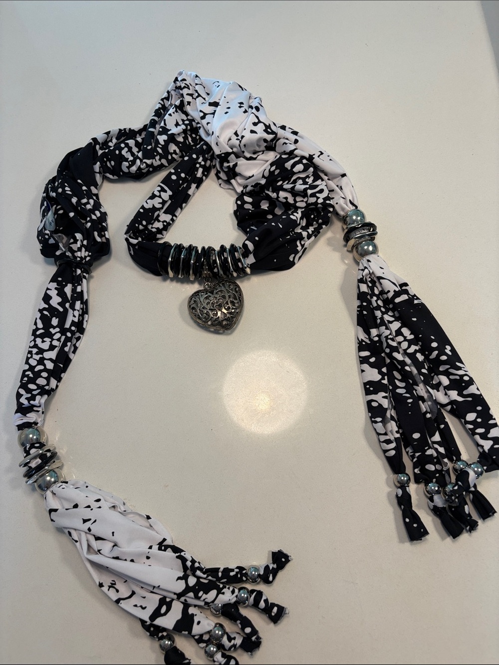 Black & White Abstract Print Scarf Necklace with Silver Beads and Heart Pendant